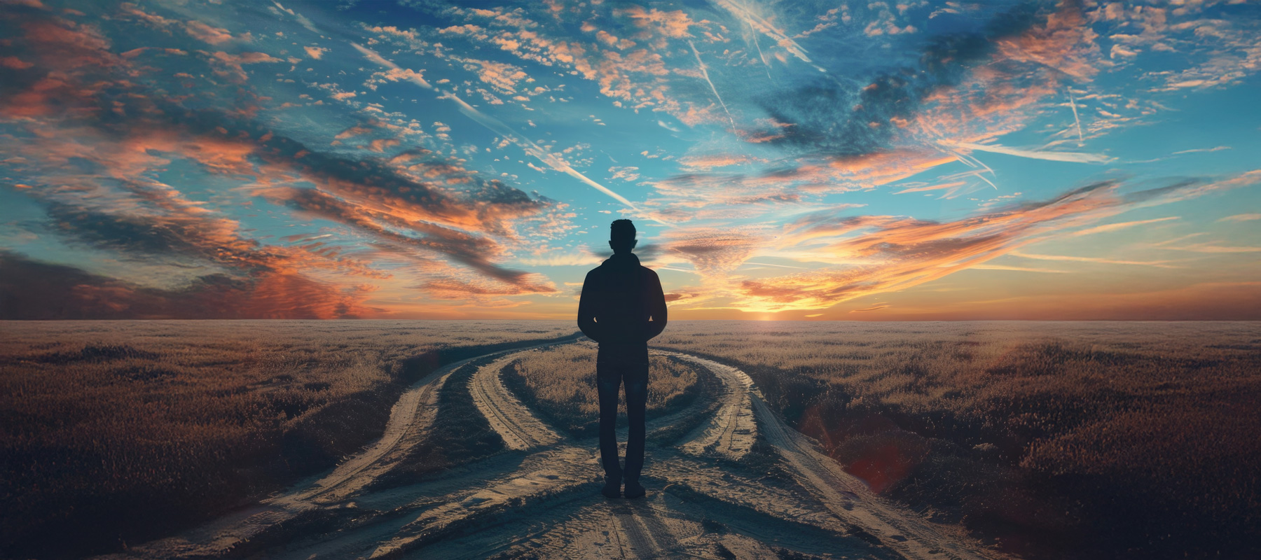 AI generated content image of a man looking out at sunset or sunrise over an open field of yellow grass with a small dirt tractor path
